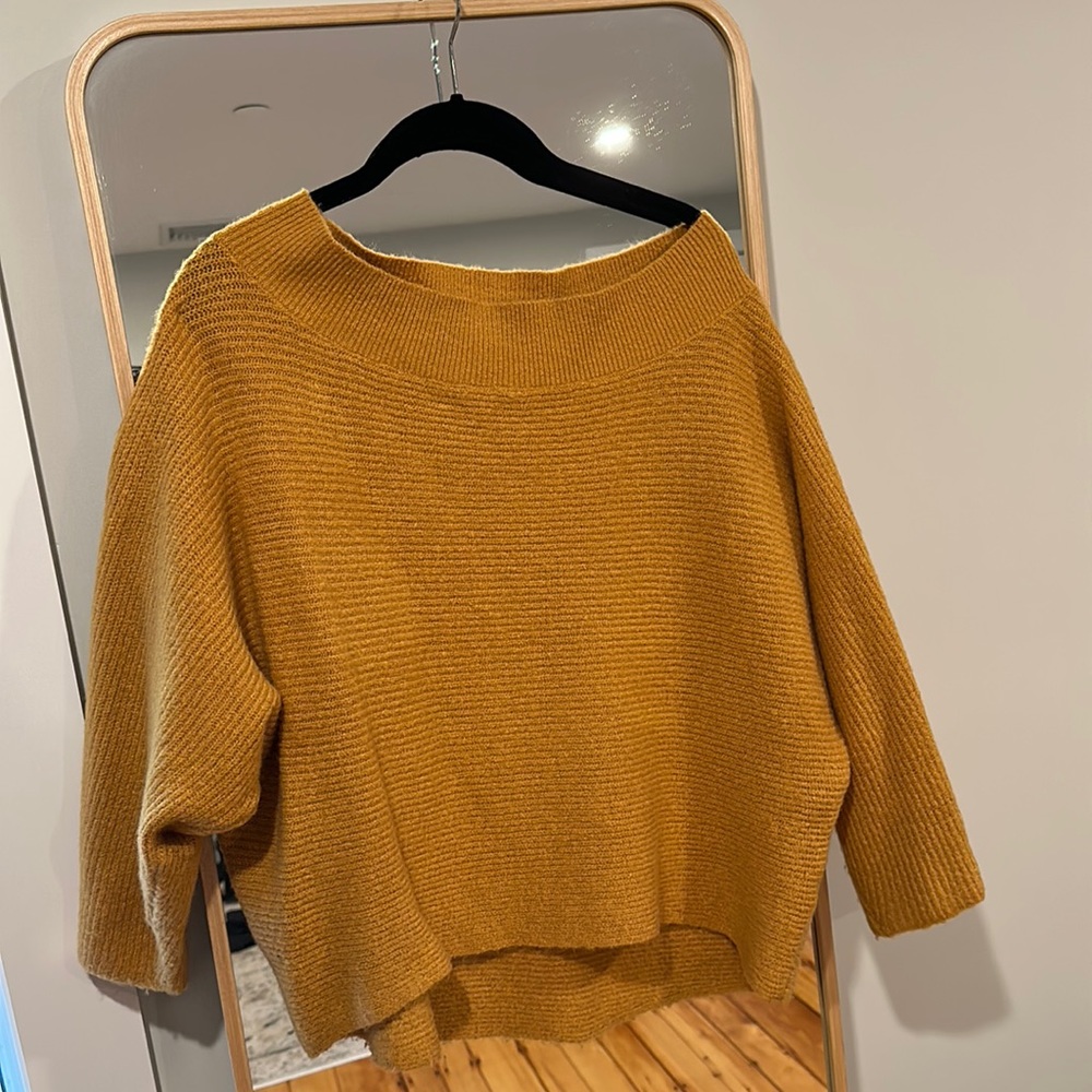 Off the shoulder mustard sweater